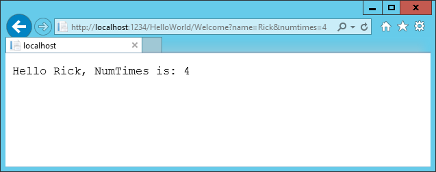 Browser window showing an application response of Hello Rick, NumTimes is: 4