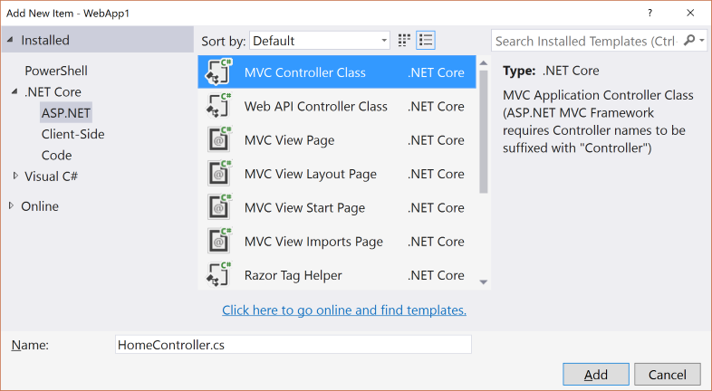 Add New Item dialog with MVC Controller Class selected