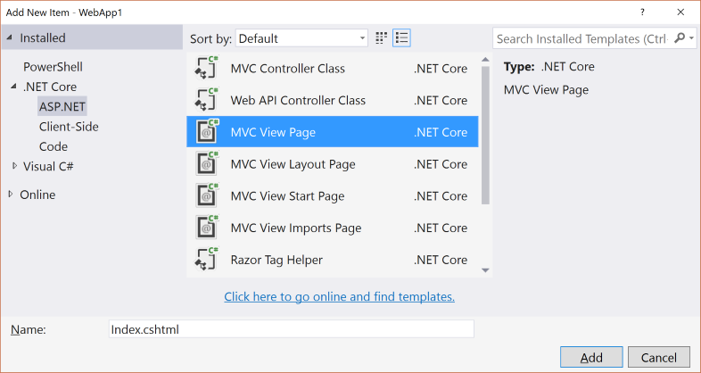 Add New Item dialog with MVC View Page selected