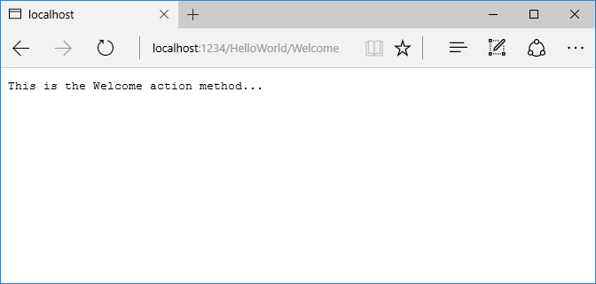 Browser window showing an application response of This is the Welcome action method