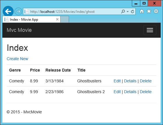 Index view with the word ghost added to the Url and a returned movie list of two movies, Ghostbusters and Ghostbusters 2