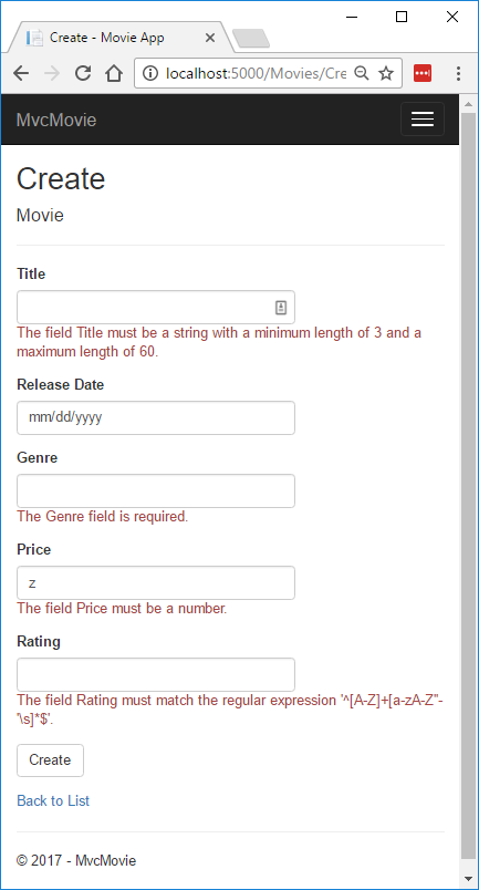 Movie view form with multiple jQuery client side validation errors