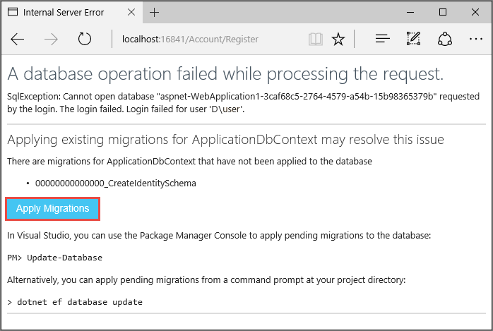 A database operation failed while processing the request
