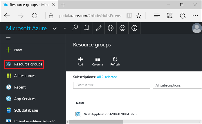 Azure Portal: Resource Groups in sidebar menu